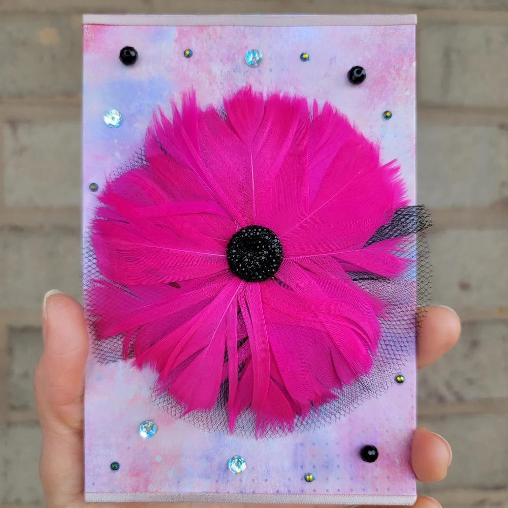Hot Pink Feather Flower Wall Art 6x4 Handmade Glam Office Decor Rhinestone Art